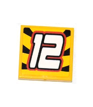 Yellow Tile 2 x 2 with White '12' on Striped Black and Yellow Background Pattern (Sticker) - Set 8228