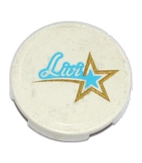 White Tile, Round 2 x 2 with Bottom Stud Holder with 'Livi' and Gold and Medium Azure Star Pattern (Sticker) - Set 41105