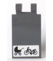 Dark Bluish Gray Tile, Modified 2 x 3 with 2 Clips with Black Baby Carriage and Bicycle on White Background (Sticker)