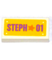 White Tile 1 x 2 with Orange Star and Purple 'STEPH 01' on Yellow Background Pattern (Sticker) - Set 3183