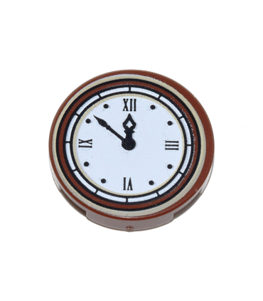 Reddish Brown Tile, Round 2 x 2 with Bottom Stud Holder with Clock with Roman Numerals Simple Pattern