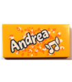 Bright Light Orange Tile 2 x 4 with 'Andrea' and Music Notes with Wings Pattern