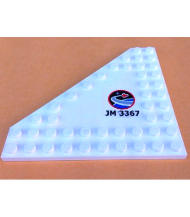White Wedge, Plate 10 x 10 Cut Corner with no Studs in Center with Space Center Logo and 'JM 3367' Pattern Model Left Side
