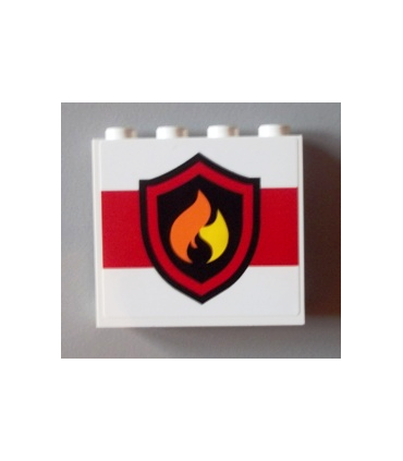 White Panel 1 x 4 x 3 with Side Supports - Hollow Studs with Black and Yellow Fire Logo Badge on White Background