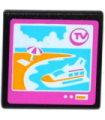Black Road Sign Clip-on 2 x 2 Square Open O Clip with 'TV', Cruise Ship and Beach on Screen