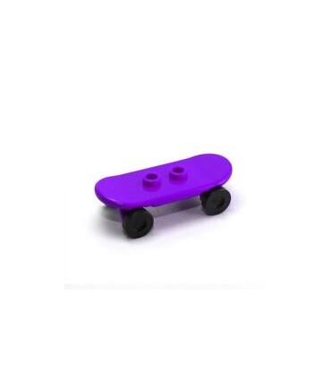 Dark Purple Minifigure, Utensil Skateboard with Trolley Wheel Holders and Black Trolley Wheels