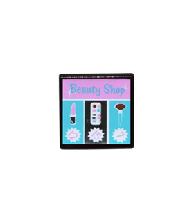 Dark Bluish Gray Road Sign Clip-On 2 x 2 Square with 'Beauty Shop', Lipstick, Paintbox, Brush, 7, 15 and 12 Pattern (Sticker)