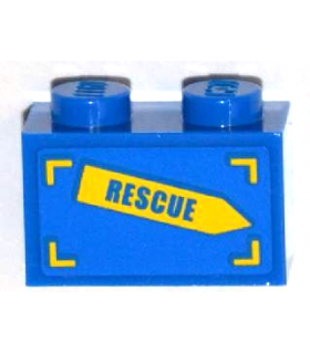 Blue Brick 1 x 2 with 'RESCUE' on Yellow Arrow Pattern Model Left Side (Sticker) - Set 4439