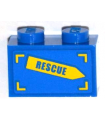 Blue Brick 1 x 2 with 'RESCUE' on Yellow Arrow Pattern Model Left Side (Sticker) - Set 4439
