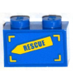 Blue Brick 1 x 2 with 'RESCUE' on Yellow Arrow Pattern Model Right Side (Sticker) - Set 4439