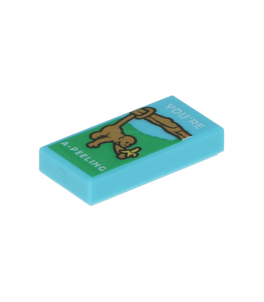 Medium Azure Tile 1 x 2 with Groove with Monkey with Banana and 'YOU'RE A-PEELING' Pattern