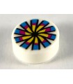 White Tile, Round 1 x 1 with Yellow, Magenta and Dark Azure Flower and Chinese Pellet Drum Pattern