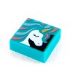 Dark Turquoise Tile 1 x 1 with Groove with White Unicorn Head, Gold Horn, and Metallic Light Blue and Coral Mane Pattern