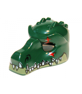 Dark Green Minifig, Headgear Mask Crocodile with Olive Green Lower Jaw, White Teeth and Red Scar Pattern