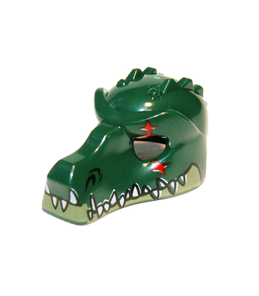 Dark Green Minifig, Headgear Mask Crocodile with Olive Green Lower Jaw, White Teeth and Red Scar Pattern