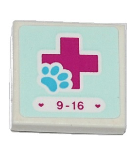 White Tile 2 x 2 with Groove with Hearts, '9-16', Red Cross and Animal Paw Pattern (Sticker) - Set 41085