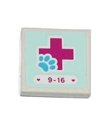 White Tile 2 x 2 with Groove with Hearts, '9-16', Red Cross and Animal Paw Pattern (Sticker) - Set 41085