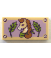 Tan Tile 2 x 4 with Horse with Braided Mane, Green Leaves, and Lavender Background Pattern