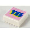 White Tile 1 x 1 with Groove with Blue, Green, and Yellow Layered 'YES' on Bright Pink Background Pattern