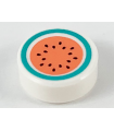 White Tile, Round 1 x 1 with Coral Watermelon with Dark Turquoise Rind and Black Seeds Pattern