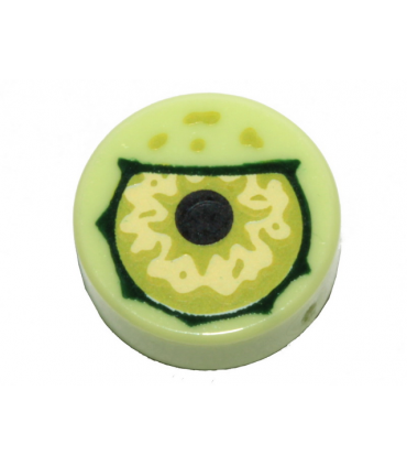 Yellowish Green Tile, Round 1 x 1 with Lime Eye with Black Pupil Partially Closed Pattern