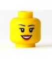 Yellow Minifig, Head Female with Peach Lips, Open Mouth Smile, Black Eyebrows Pattern - Stud Recessed