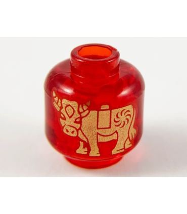Trans-Red Minifigure, Head without Face Gold Ox / Cow Pattern - Vented Stud