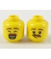 Yellow Minifigure, Head Dual Sided Reddish Brown Eyebrows and Moustache, Large Smile with Eyes Closed / Smirk Pattern