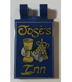 Dark Blue Tile, Modified 2 x 3 with 2 Clips with Wine Goblets, Grapes and 'José's Inn' Pattern