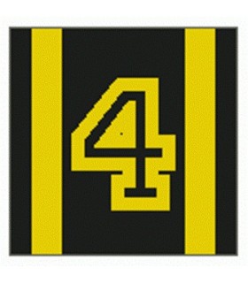 Black Tile 2 x 2 with Number 4 Yellow Outline and Stripes Pattern