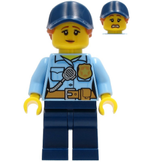 Police Officer Female, Bright Light Blue Shirt with Badge and Radio, Dark Blue Legs, Dark Blue Cap with Dark Orange Ponytail