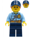 Police Officer Female, Bright Light Blue Shirt with Badge and Radio, Dark Blue Legs, Dark Blue Cap with Dark Orange Ponytail