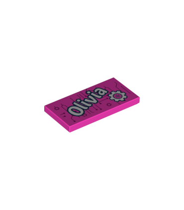 Dark Pink Tile 2 x 4 with 'Olivia' and Gear Pattern