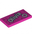 Dark Pink Tile 2 x 4 with 'Olivia' and Gear Pattern