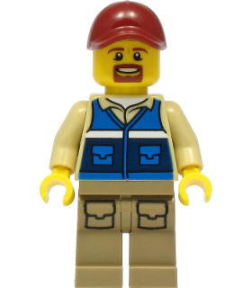 Wildlife Rescue Worker - Male, Dark Red Cap, Blue Vest with 'RESCUE' Pattern on Back, Dark Tan Legs with Pockets, Beard