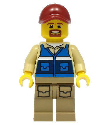 Wildlife Rescue Worker - Male, Dark Red Cap, Blue Vest with 'RESCUE' Pattern on Back, Dark Tan Legs with Pockets, Beard