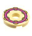 Tan Tile, Round 2 x 2 with Hole with Magenta Tambourine Ring, Dark Azure Filigree, Gold Jingles Pattern