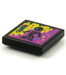 Black Tile 2 x 2 with Groove with BeatBit Album Cover - Black Minifigure in Yellow and Purple Splotches Pattern