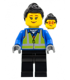 Woman, Black Hair, Blue Coat, Lime Safety Vest, Black Legs
