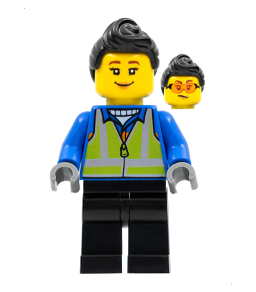 Woman, Black Hair, Blue Coat, Lime Safety Vest, Black Legs