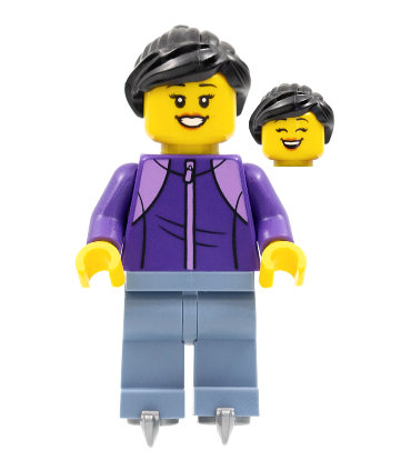 Woman, Black Hair, Dark Purple Jacket, Sand Blue Legs, Ice Skates