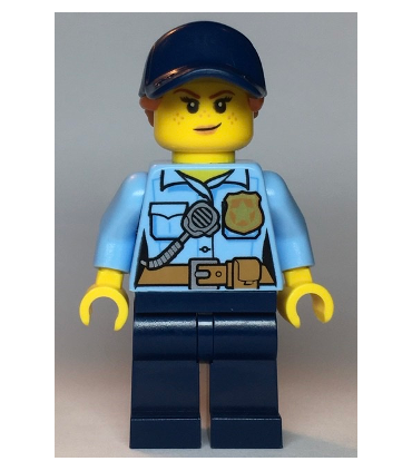 Police - Female, Bright Light Blue Shirt with Badge and Radio, Dark Blue Legs, Dark Blue Cap with Dark Orange Ponytail, Freckles