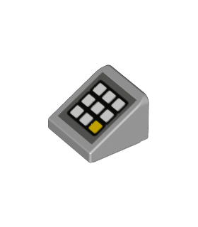 Light Bluish Gray Slope 30 1 x 1 x 2/3 with Keypad with White and Yellow Buttons on Dark Bluish Gray Background Pattern