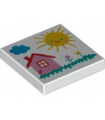 White Tile 2 x 2 with Groove with Drawing of Cloud, Sun, House, and Flowers Pattern