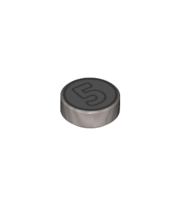 Flat Silver Tile, Round 1 x 1 with Dark Bluish Gray Outlined Number 5 on Silver Background Coin Pattern
