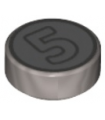 Flat Silver Tile, Round 1 x 1 with Dark Bluish Gray Outlined Number 5 on Silver Background Coin Pattern