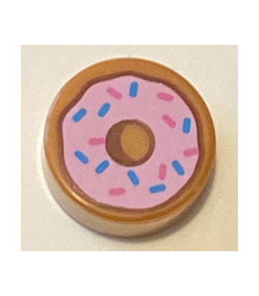Medium Nougat Tile, Round 1 x 1 with Donut / Doughnut with Bright Pink Frosting and Dark Azure and Dark Pink Sprinkles Pattern