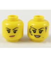 Yellow Minifigure, Head Dual Sided Female Black Eyebrows, Peach Lips, Smirk / Smile with Dark Bluish Gray Splotches