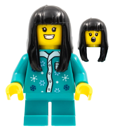 Child Girl, Dark Turquoise Pajamas, Long Black Hair, Short Legs