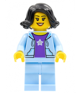 Woman, Black Hair, Bright Light Blue Jacket, Dark Purple Star Shirt, Bright Light Blue Legs